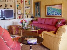 brightly patterned and colored living room