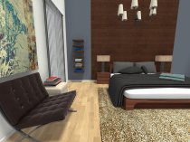 Bedroom Ideas - Modern Grey blue bedroom with custom wood headboard